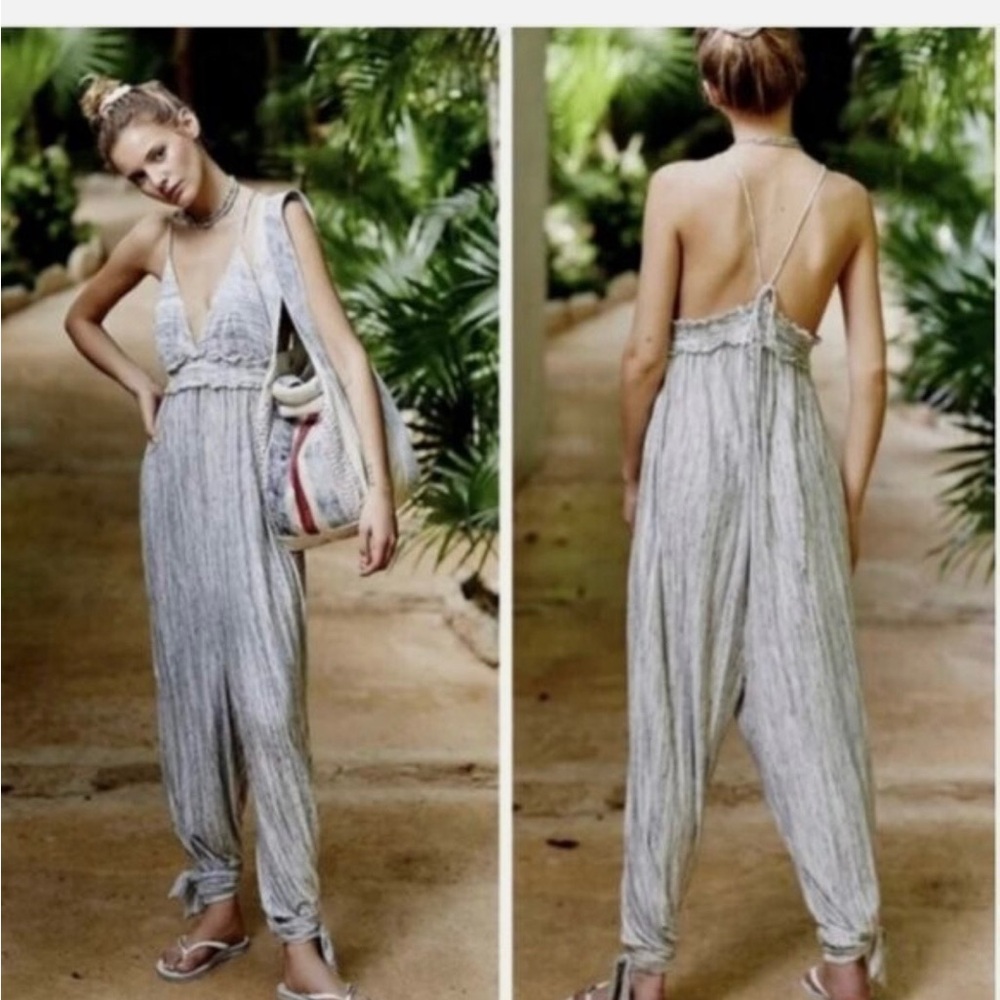Free People Striped Light Gray and White Deep V-Back Jumpsuit
